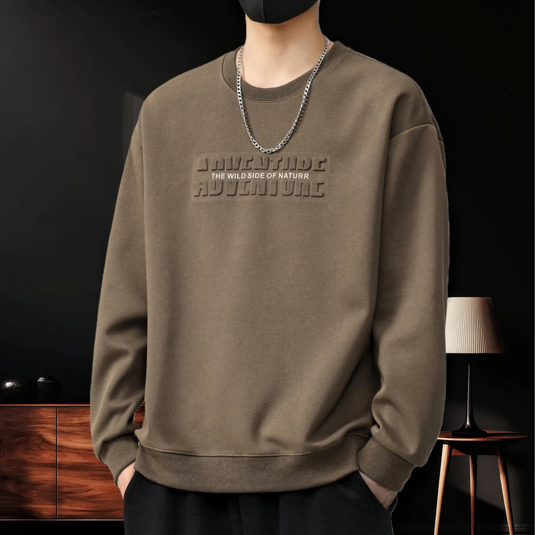 2025秋冬新款字母钢印圆领印花卫衣男宽松休闲保暖套头上衣打底衫