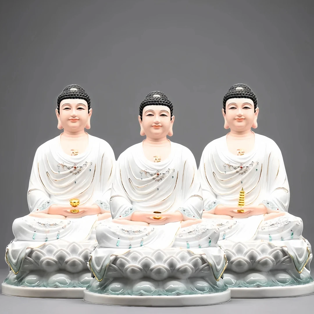 新款汉白玉仿瓷三宝佛释迦牟尼佛阿弥陀佛药师佛家用客厅供奉摆件
