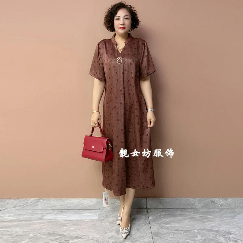 高级感连衣裙夏季新款A字裙宽松遮肚显瘦中长裙阔太太高档长裙子