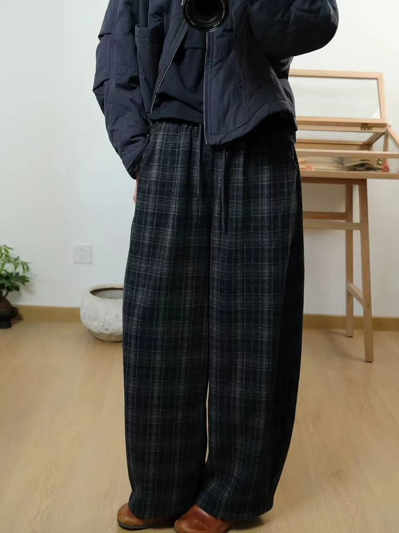 Z.X   松紧腰格纹加绒阔腿裤  819（K1↑）