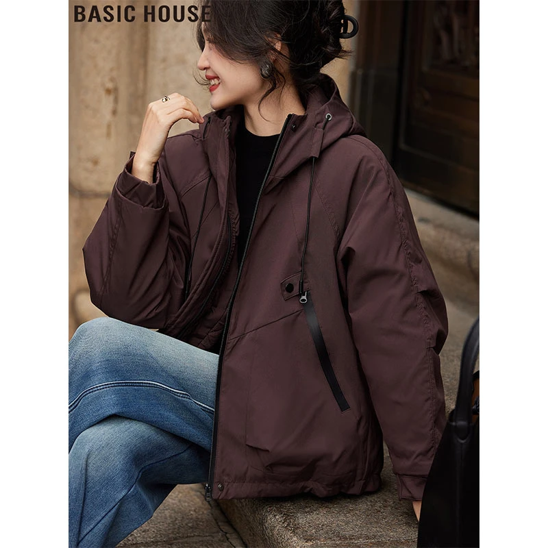 Basic House/百家好紫色连帽夹克外套美式宽松加厚棉服女2025秋冬