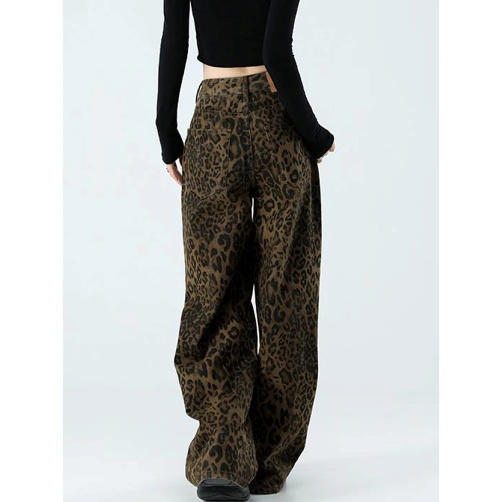 美式复古豹纹阔腿牛仔裤女2025冬季新款高腰显瘦宽松直筒拖地裤子