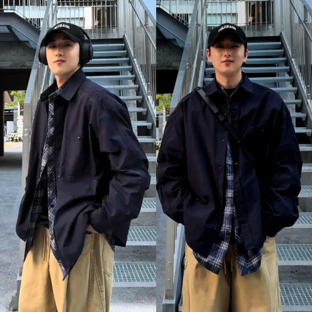 秋季美式潮牌假两件翻领衬衫男士高级感复古格子痞帅休闲夹克外套