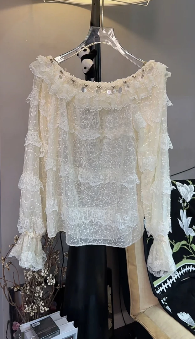 No退no换性感拼接蕾丝花边一字领设计感白色气质长袖上衣洋气