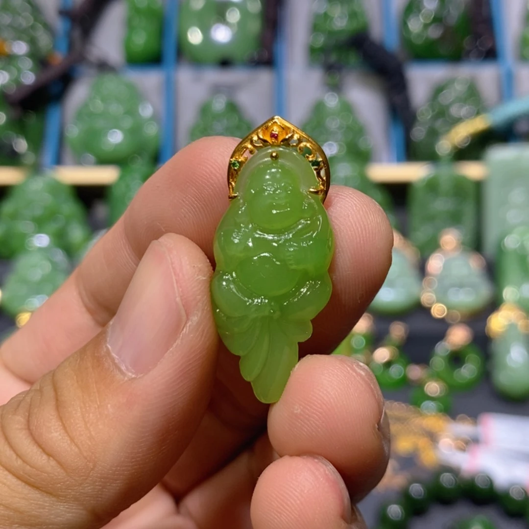 【闪购商品】和田玉吊坠(不含链)18K金镶嵌苹果绿逍遥佛