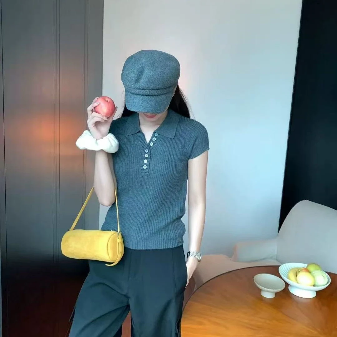 美美服饰店9690欧货半开翻领纽扣设计短袖针织衫秋款