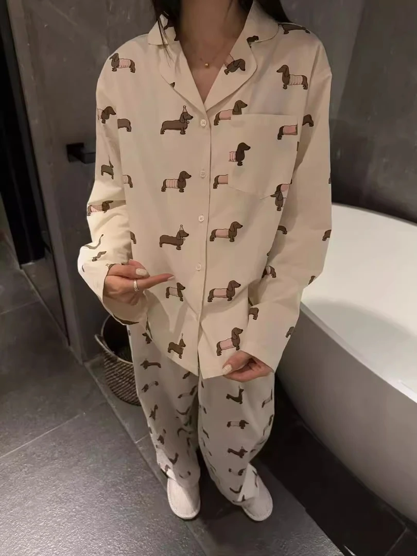 【DMXJ大梦想家】甜美可爱腊肠狗印花长袖睡衣女春款休闲大码家居服
