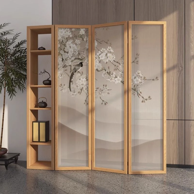 屏风折叠移动隔断客厅进门遮挡新中式置物架实木家用入户门玄关柜