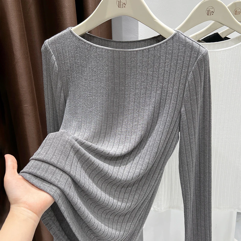 圆领坑条针织修身长袖打底衫秋季新款高级感灰色百搭T恤薄款小衫