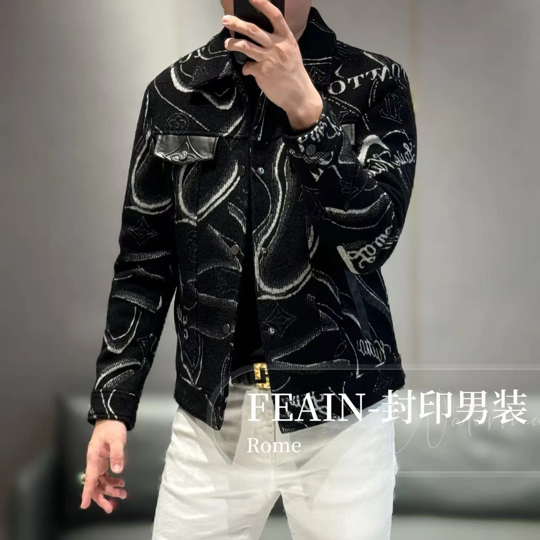 【雷迪凯奇】高端男士真皮拼接羊毛提花工艺夹克1260-1