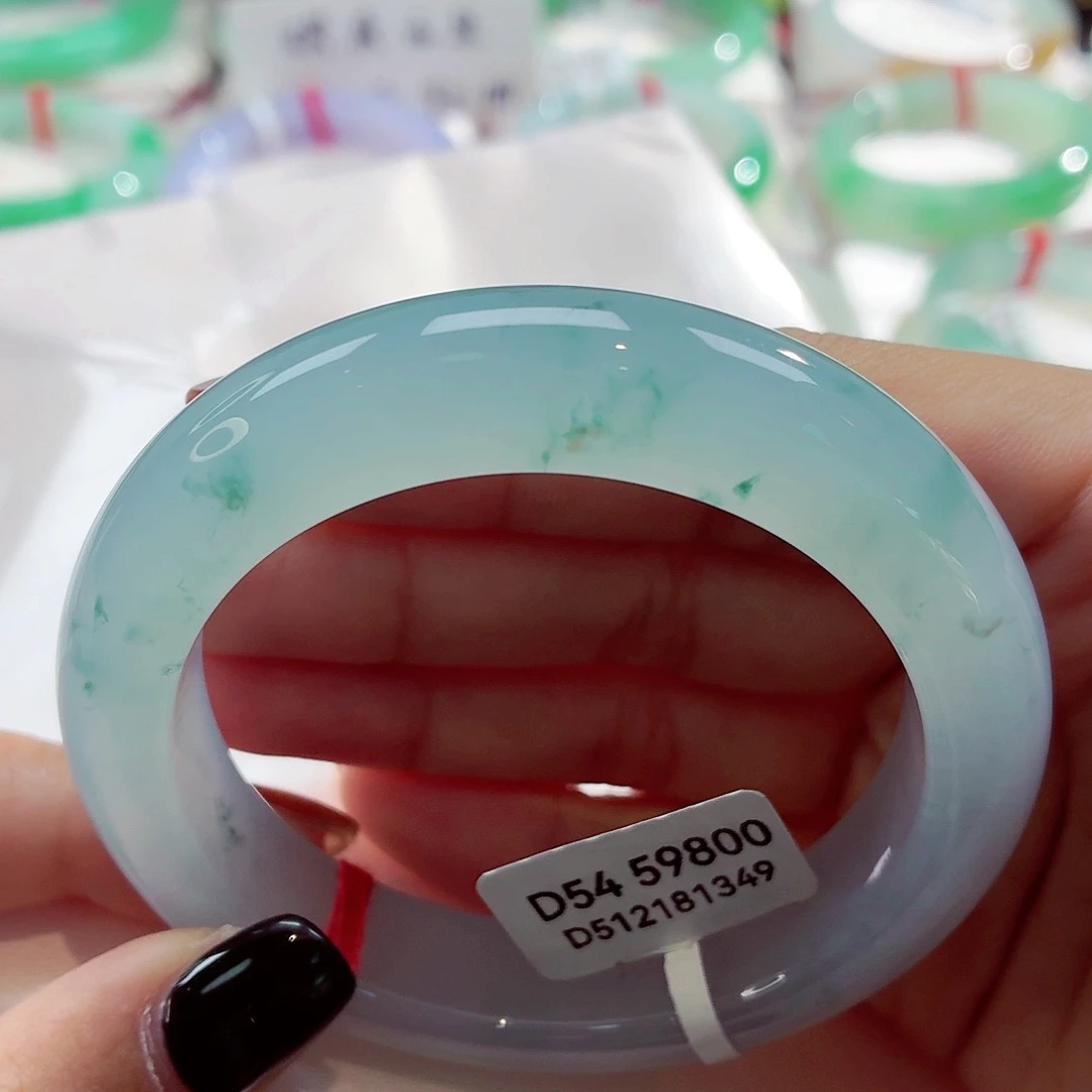 翡翠未镶嵌手镯冰胶果冻底蓝底小碎花68-26