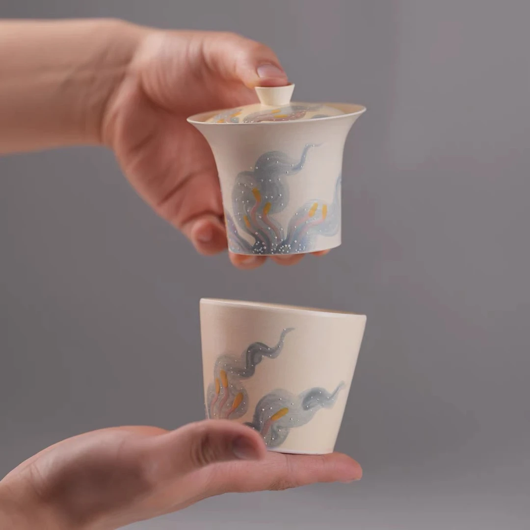 牧渔碎冰百合猪口杯马蹄盖碗叠叠乐