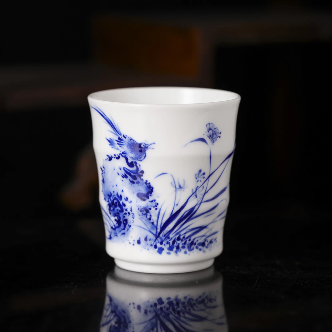 九段烧-九段妙手花鸟竹节杯（兰）-陶瓷主人杯手绘有差异