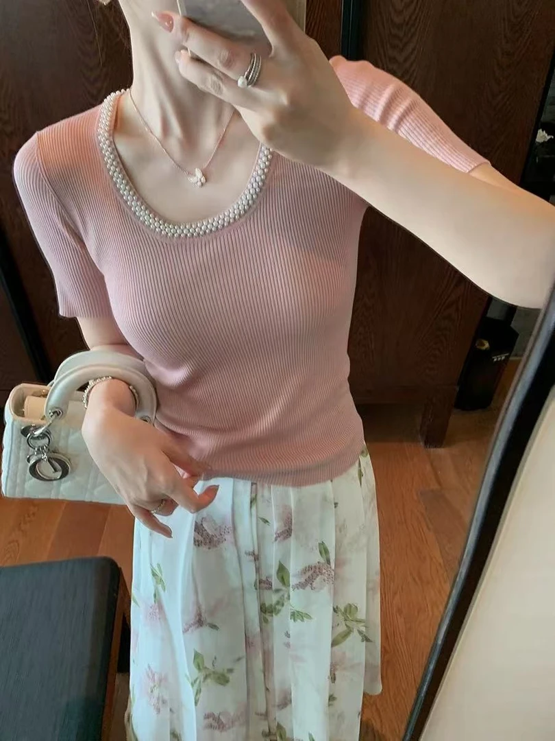 大码女装2025夏季新款圆领套头款修身衬衫袖毛针织衫显瘦百搭3001