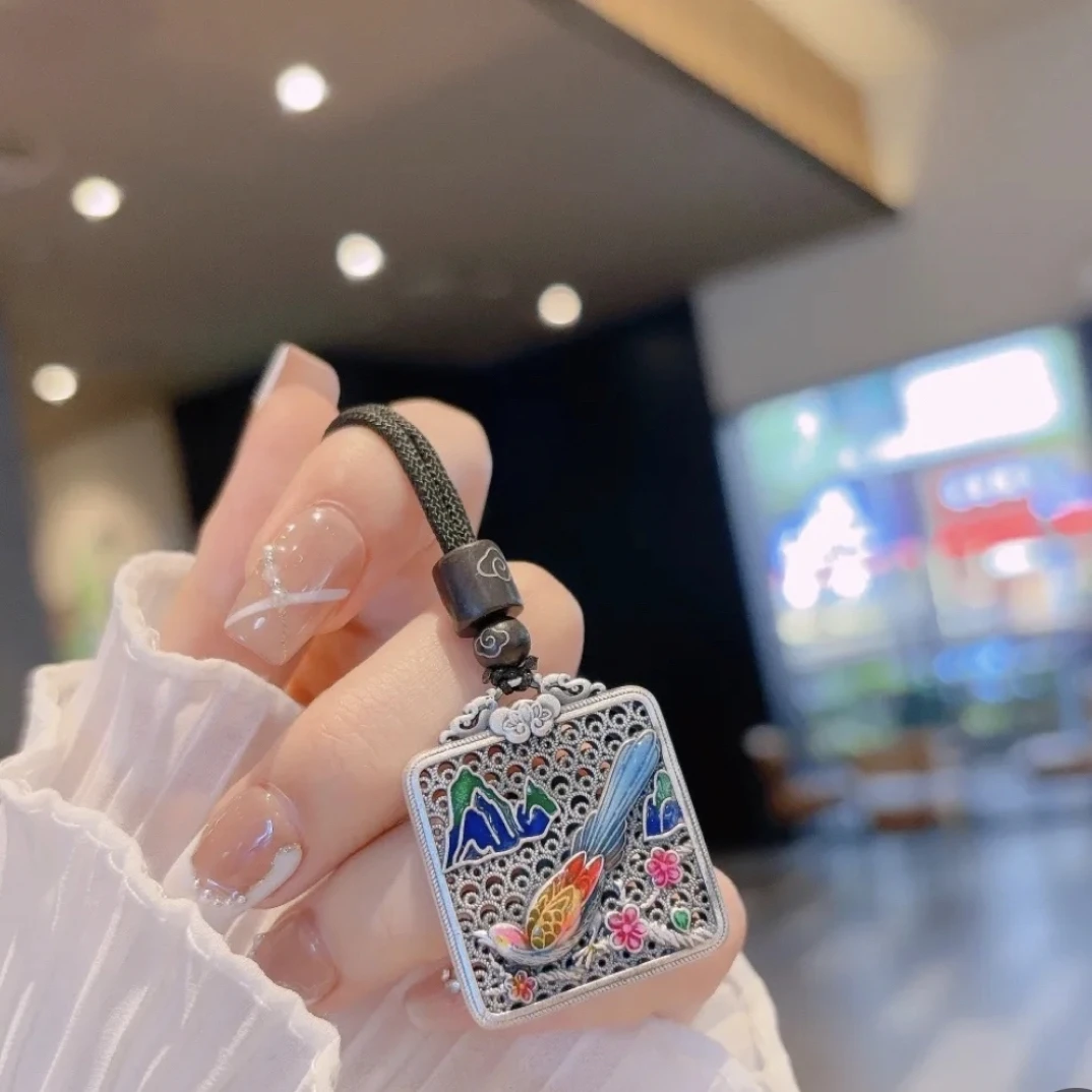 吊坠足银 足银999烧蓝喜鹊平安吊坠复古做旧民族风镂空男女通戴款