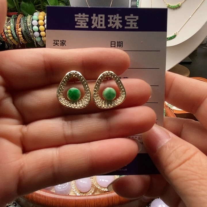 合金翡翠耳饰绿无事牌耳钉