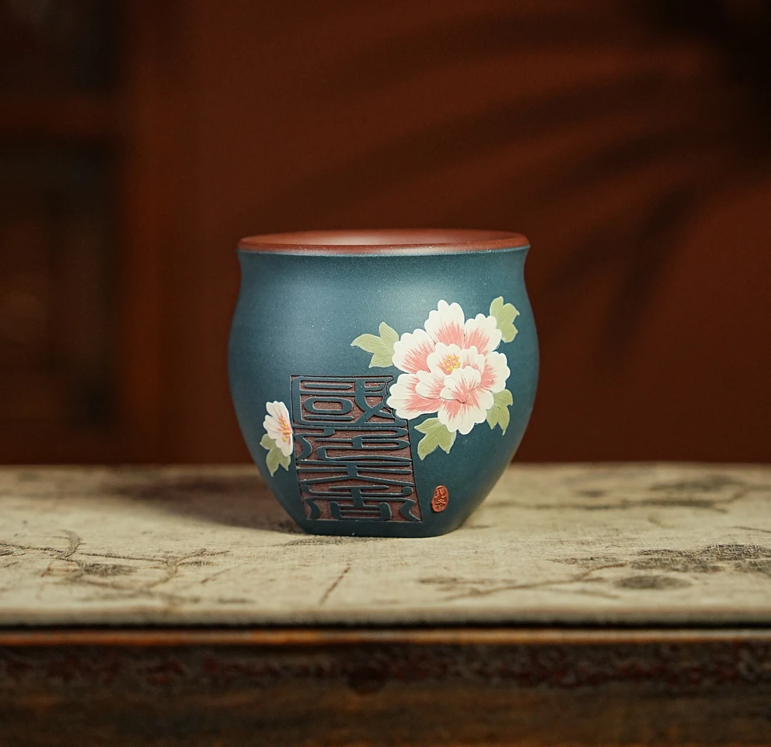 504 宜兴原矿紫泥粉浆款纯手工手绘牡丹国色天香茶杯紫砂主人杯