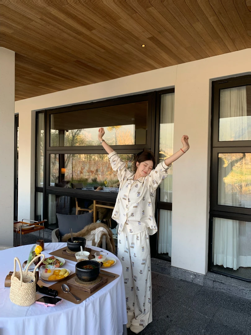 【花花】睡觉小熊三件套~100棉小熊印花翻领ins风家居服睡衣套装