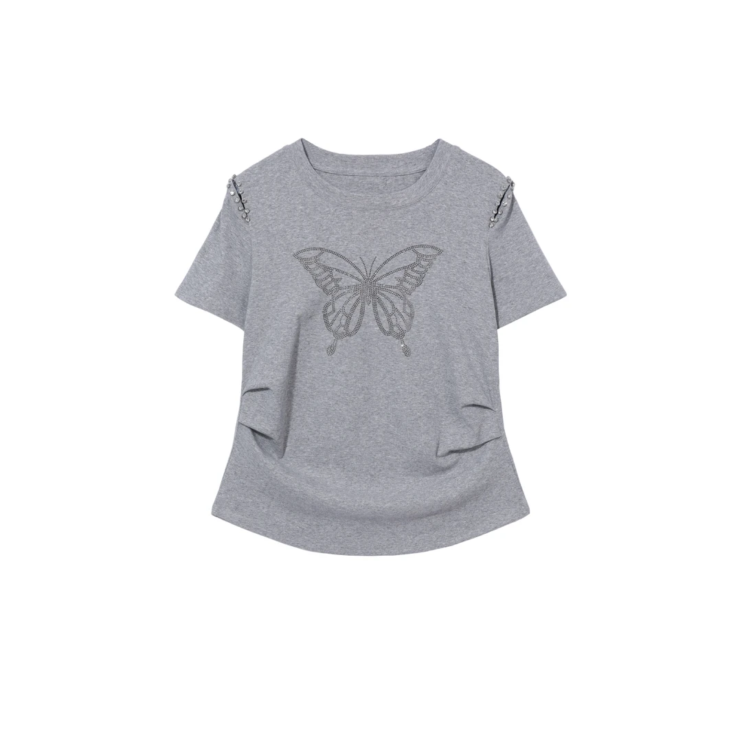 ‘’幻梦蝶钻‘’2025夏季新款镂空肩烫钻蝴蝶T恤-FE919
