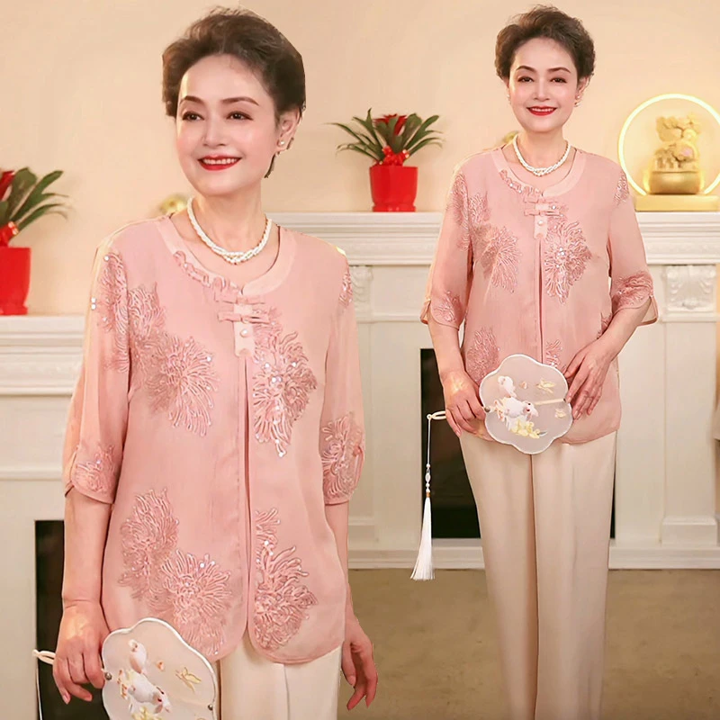 妈妈夏装套装新中式端庄大气国风小衫中老年女装夏季气质衬衫上衣