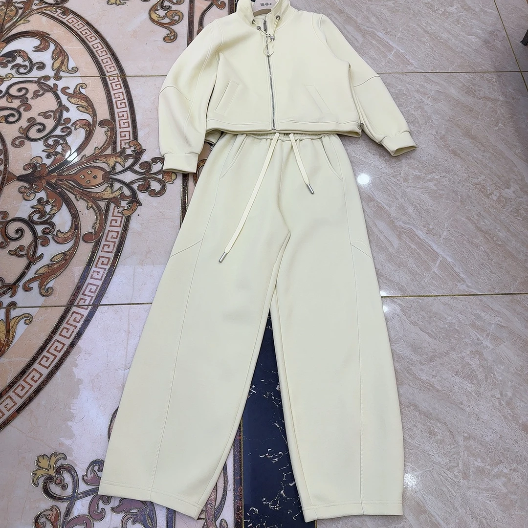 1073女士拉链开衫外套休闲阔腿裤运动套装显瘦时尚洋气