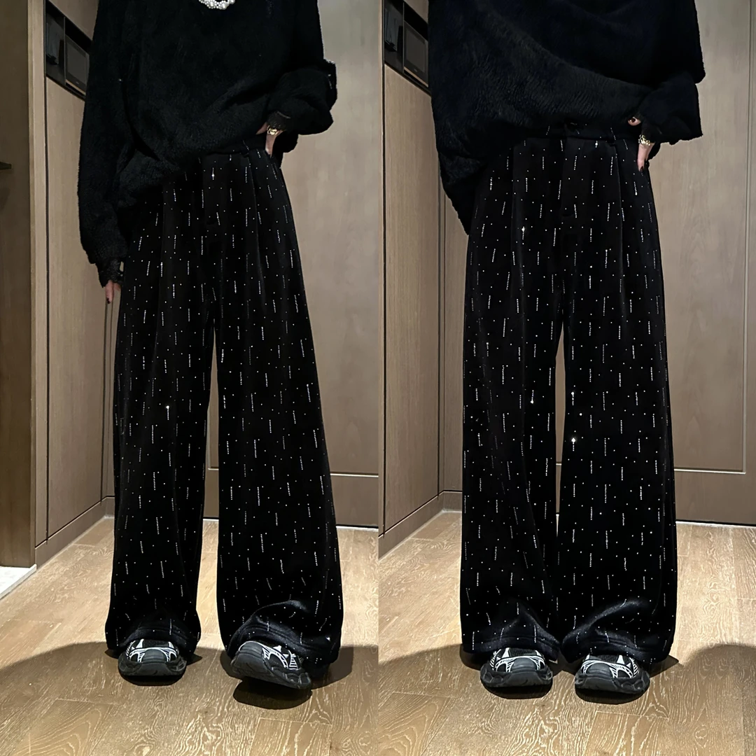 YDFSTUDIO小众【星河裤】欧货高品流星雨亮钻设计百搭丝绒直筒裤女