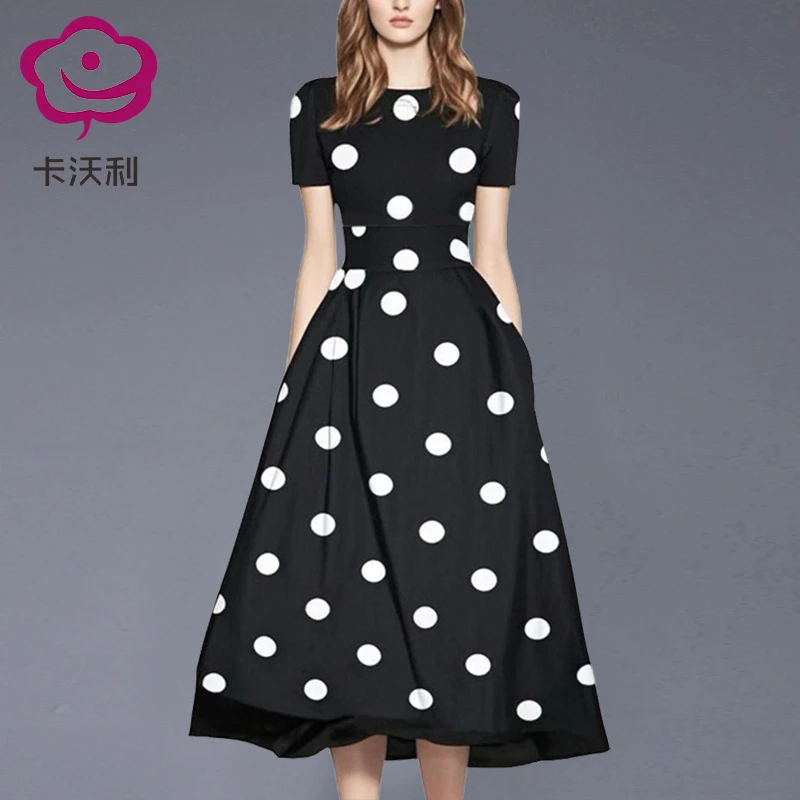 欧美时尚波点连衣裙女装2025新款夏洋气质修身显瘦雪纺裙子中长款