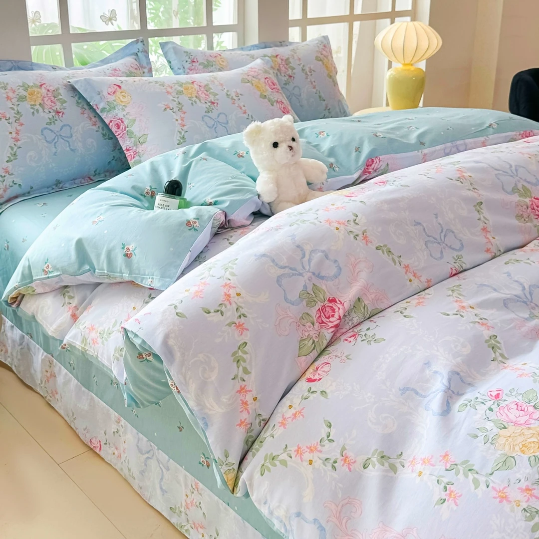 【新号福利】斜纹100%全棉四件套学生宿舍三件套 花边床裙纯棉套件