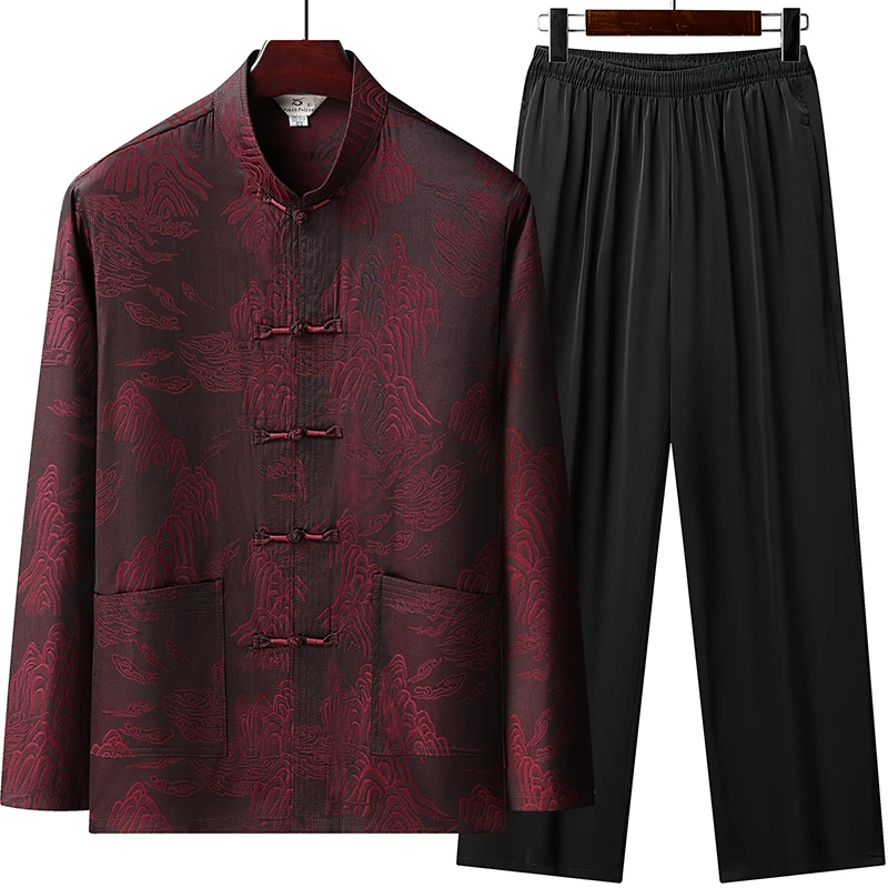 萨奴威老年人上衣中式冰丝唐装中老年爸爸装薄款套装中国风两件套