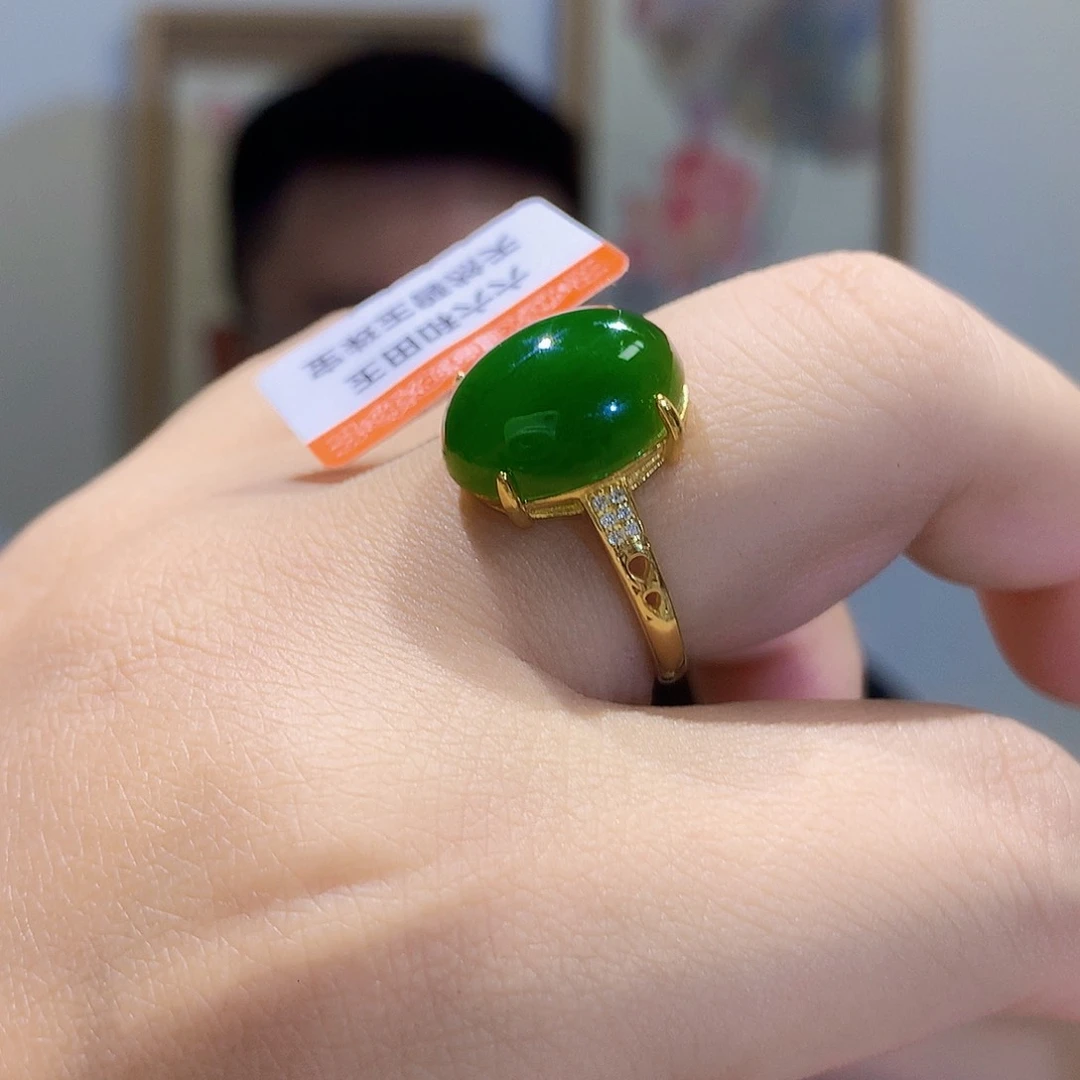 和田玉（碧玉）戒指银S925镀金镶嵌