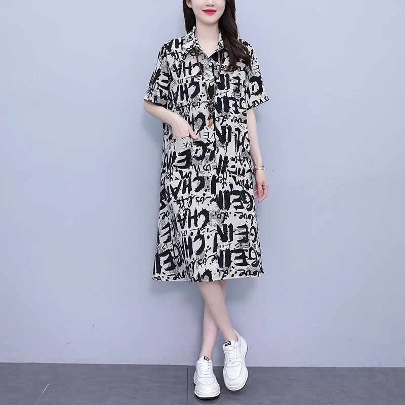 衬衫裙女夏季休闲宽松大码高档胖人女装连衣裙印花衬衣中长款裙子