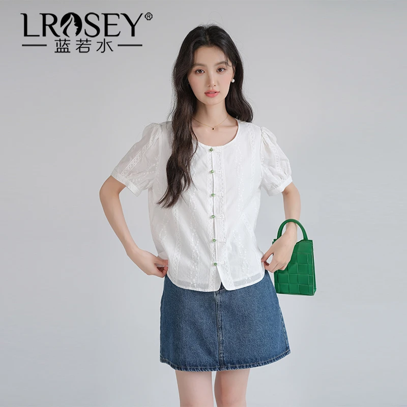 Lrosey/蓝若水大码女装新中式盘扣刺绣衬衫文艺国风圆领上衣86859