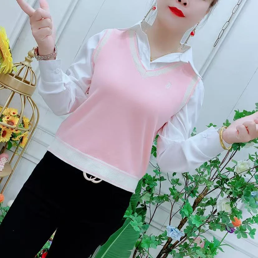 春秋设计感假两件衬衫拼接纯色长袖韩系百搭撞色针织衫学院风毛衣