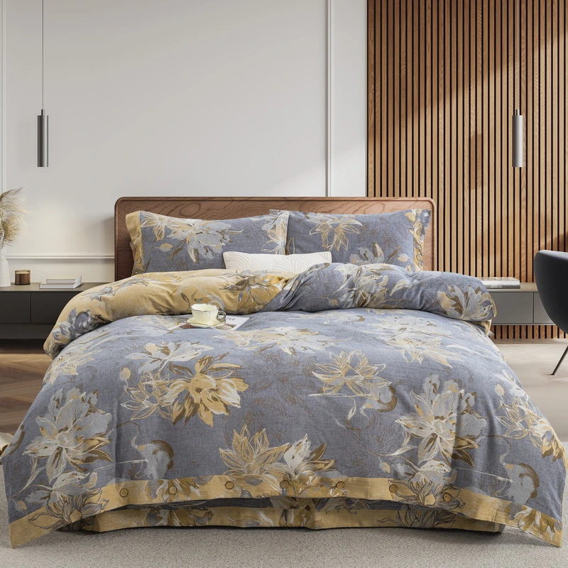 良品绘【韶华-灰】100全棉双层纱四件套被套亲肤透气高端大气母婴级