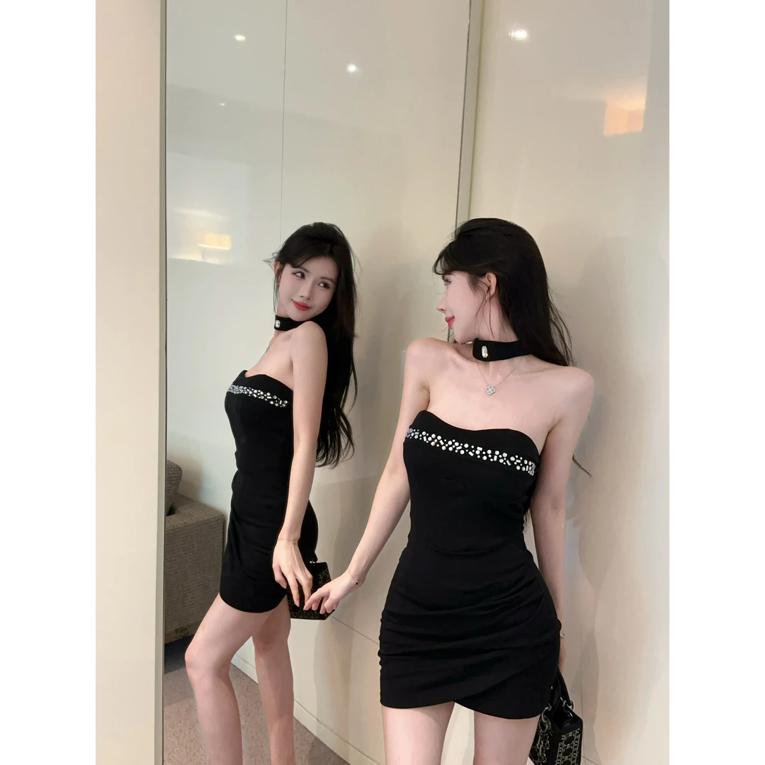 夏季新款法式复古性感重工水钻抹胸高腰露背修身显瘦包臀连衣裙女