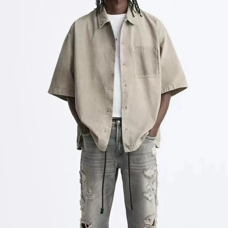 快时尚2025新品春夏短袖男装百搭宽松上衣高端外套水洗美式衬衫