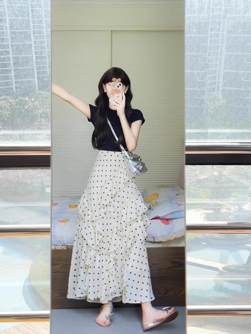 大码胖mm韩系穿搭短袖T恤减龄不规则波点半身裙时尚两件套装女夏