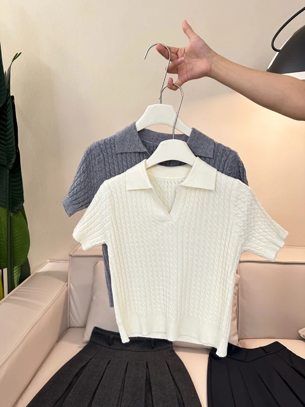 【拉夫学院】韩式polo领扭结v领针织衫