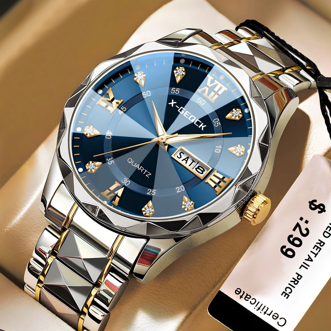 2025款男士手表夜光防水双日历手表男款菱形尖顶玻璃高颜值石英表