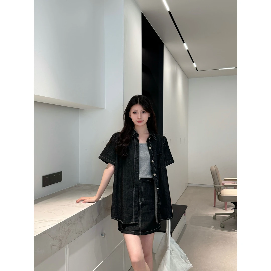 韩版休闲牛仔外套+吊带上衣+显瘦半身裙三件套套装2025夏新款