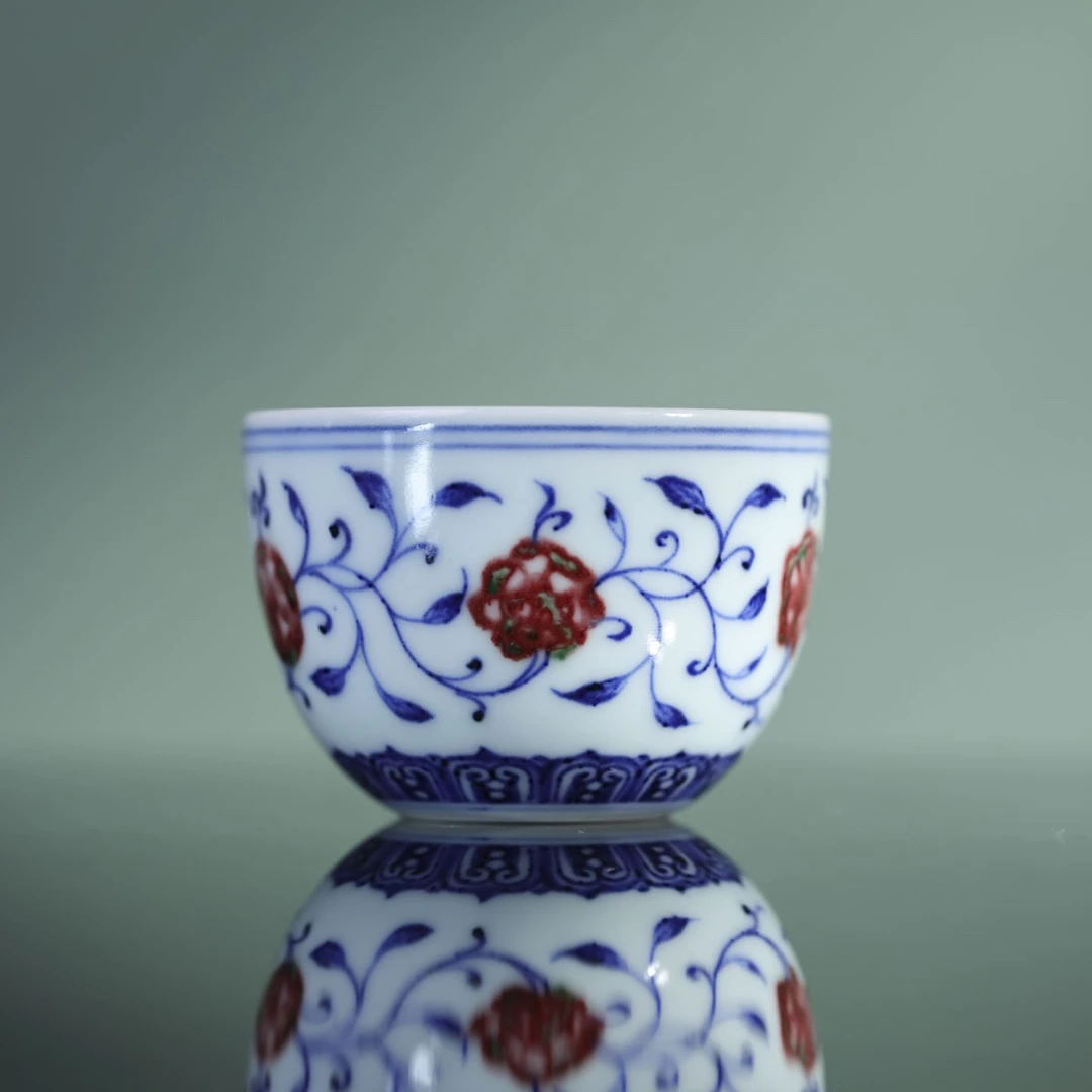 小桥-仿明釉里红四季花蛋形杯-手工陶瓷有差异