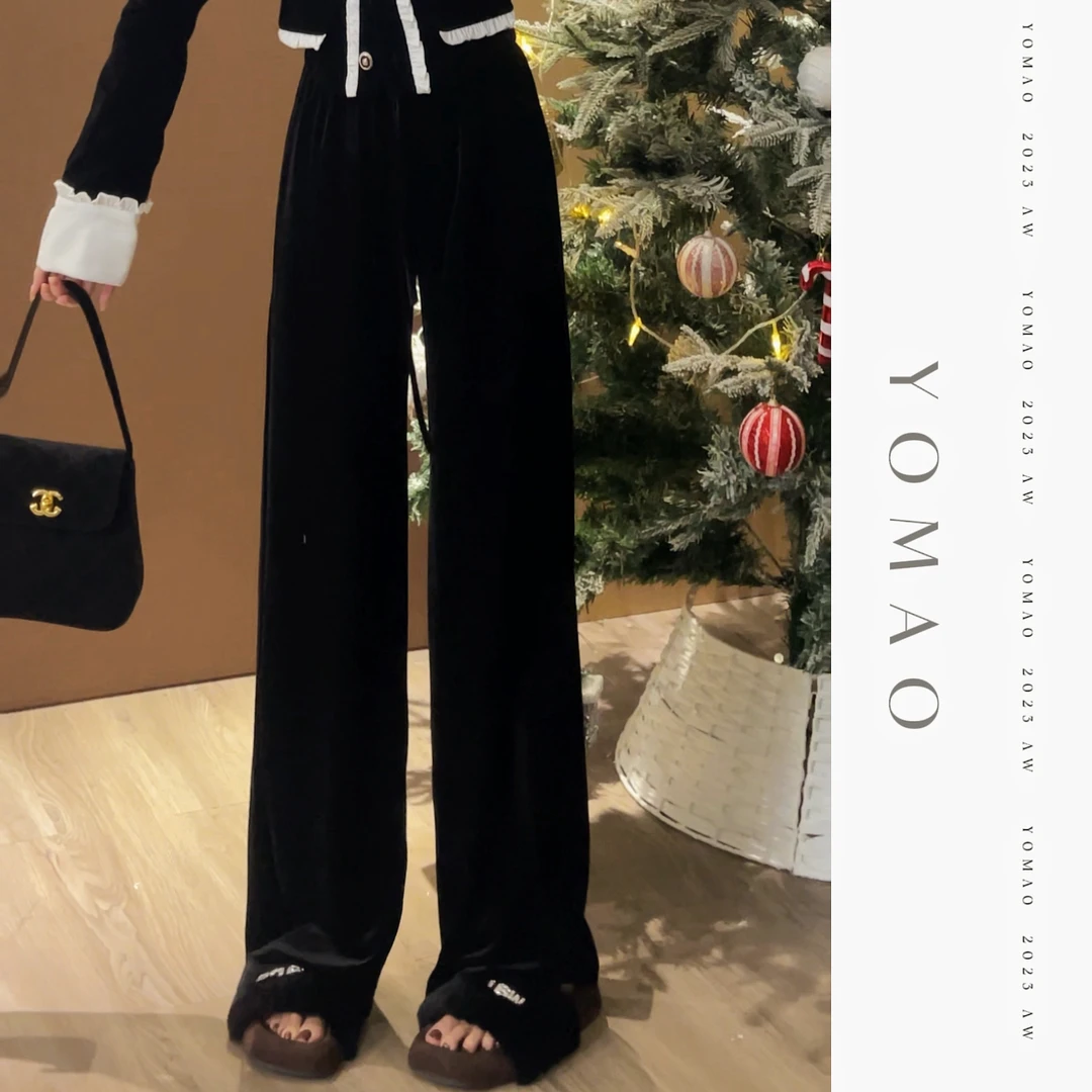 【尤猫】【丝绒裤】显瘦垂坠感系带高腰直筒显瘦百搭休闲裤-Y8352X