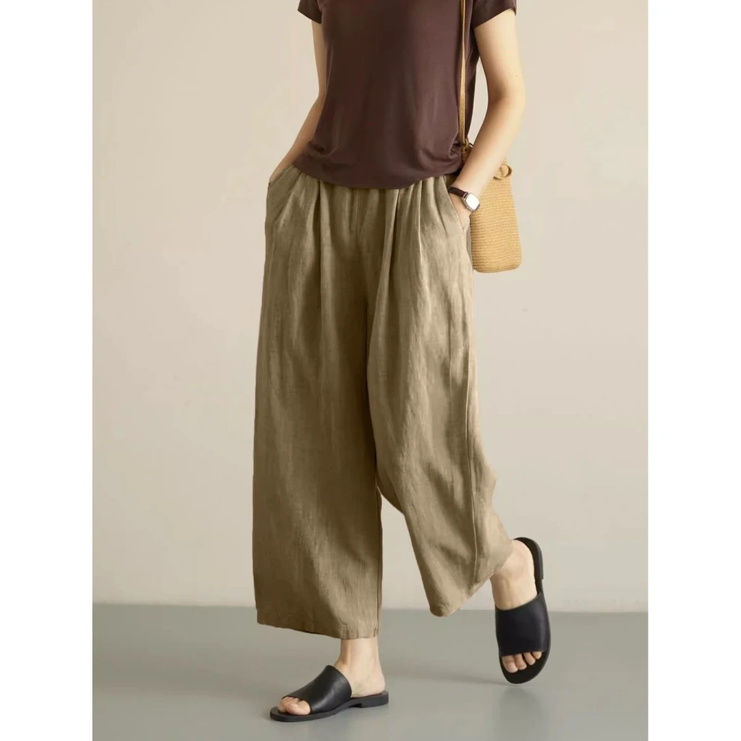 【现货+运费险】棉麻九分女直筒薄款春夏复古休闲裤高腰阔腿裤松紧