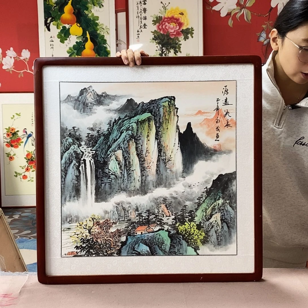 国画手写手绘国画作品带框包邮62✖️62