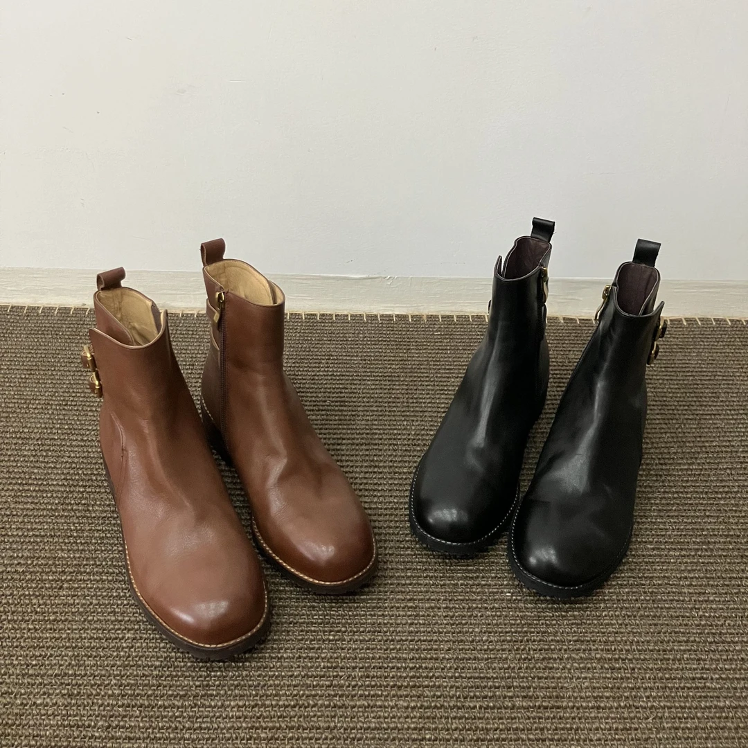 英伦风软底软面舒适复古水洗牛皮圆头粗跟侧拉链气质短靴真皮靴子