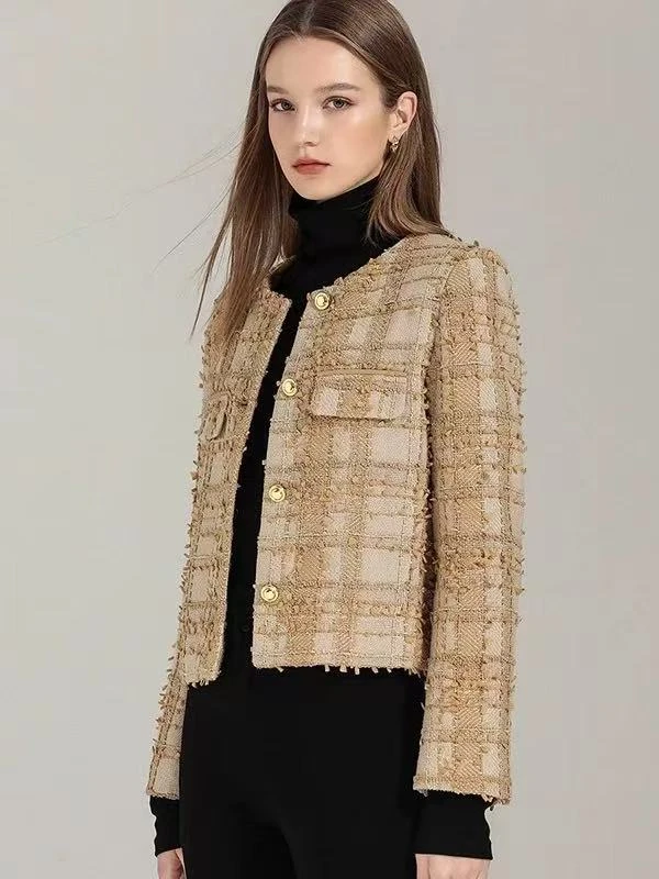 NeoStudio 秋冬混色粗花呢小香风圆领外套女短款厚款