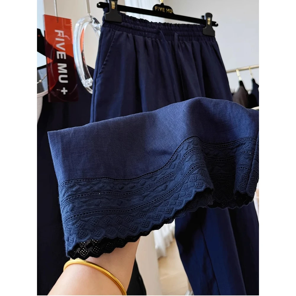 特大码240斤裤子蕾丝花边宽松阔腿裤女夏季亚麻休闲裤九分休闲裤