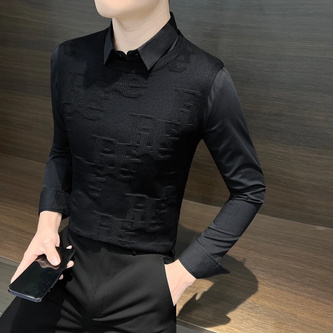 假两件毛衣衬衫男款成熟痞帅高级感男装秋季款提花针织马甲打底衫