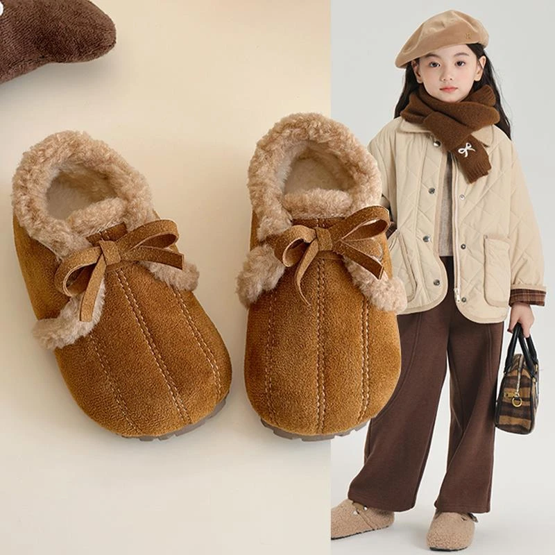 范哲萨儿童南瓜鞋2025秋冬新款女孩天鹅绒加厚覆古豆豆鞋软底防滑