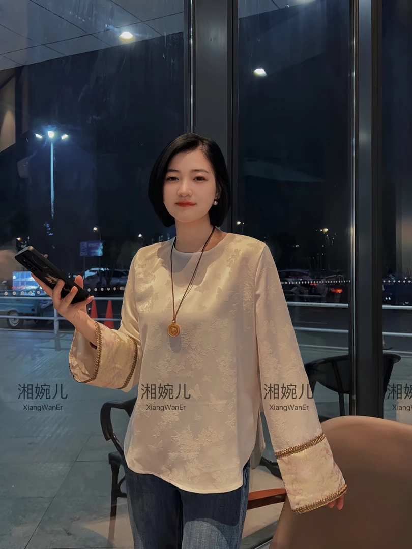 2025春季新款『宽袖』  新中式国风圆领百搭拼接提花精致款打底衫女